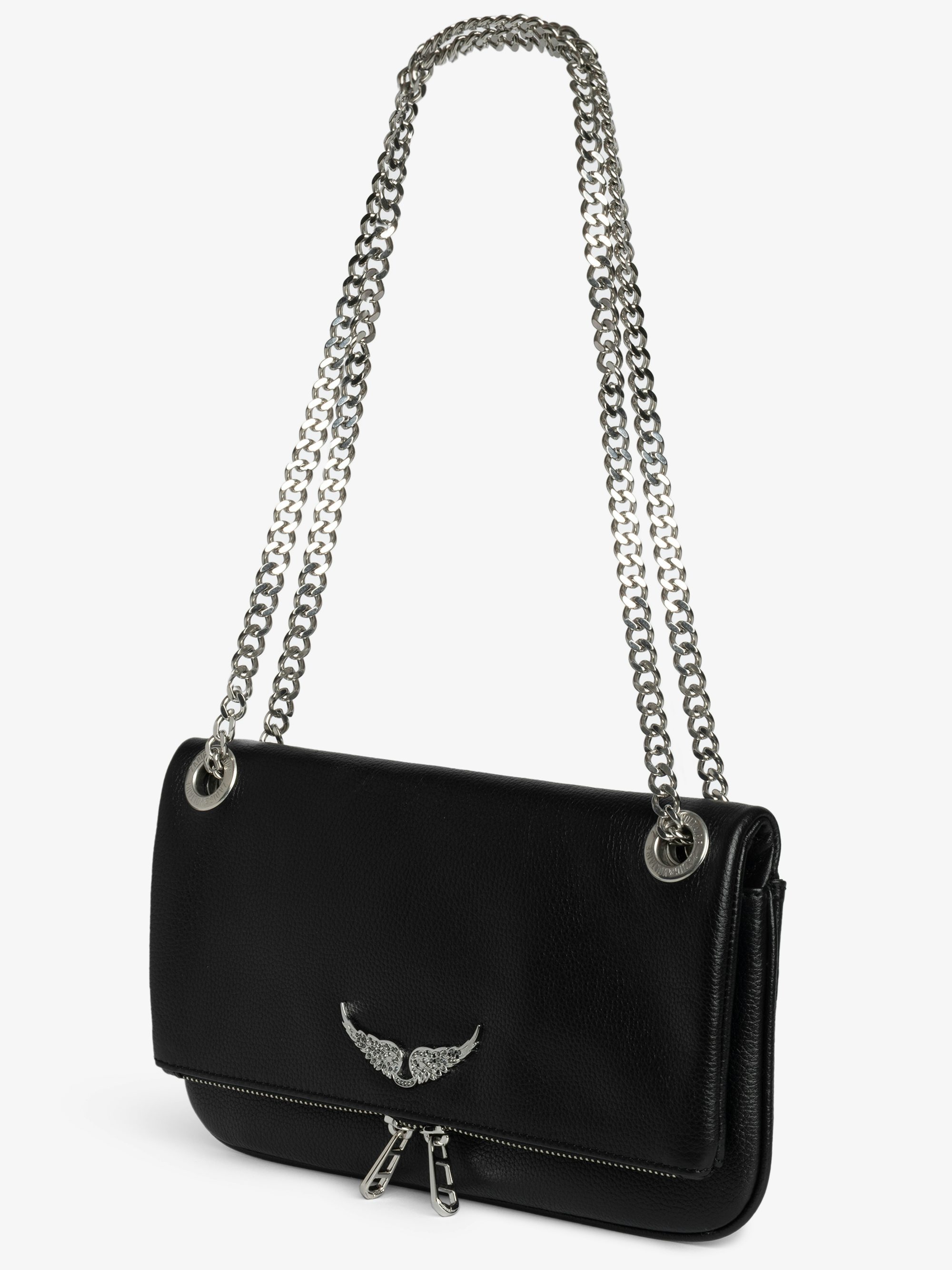 Rock II Clutch - Clutch in grained leather with sliding metal chain and signature wings.